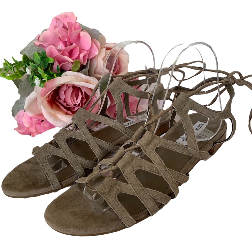 STEVE MADDEN GUILLY TAUPE LEATHER SUEDE GLADIATOR SANDALS